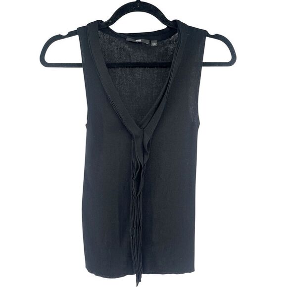 BOSS Hugo Boss Black Ribbed V-Neck Knit Tank with Fringe Detail Small-Medium - Picture 1 of 8